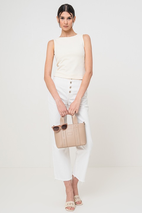 HUGO, Top elastic cu logo si fermoar pe partea din spate, Alb murdar