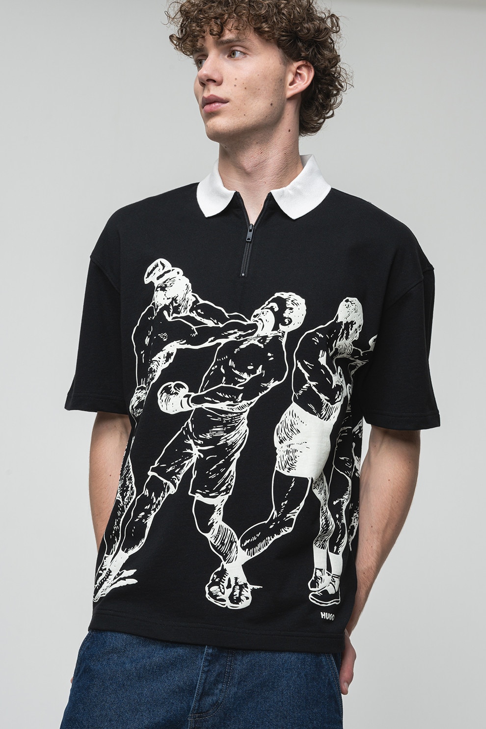 HUGO, Tricou polo cu imprimeu Duboxie, Alb, Negru, M