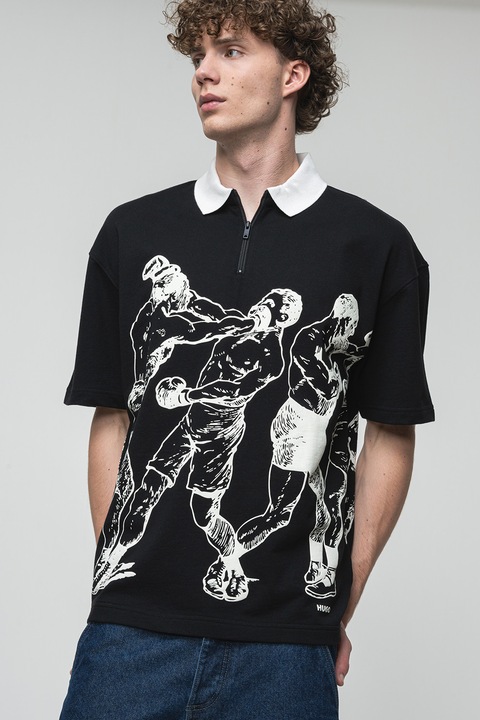 HUGO, Tricou polo cu imprimeu Duboxie, Alb/Negru