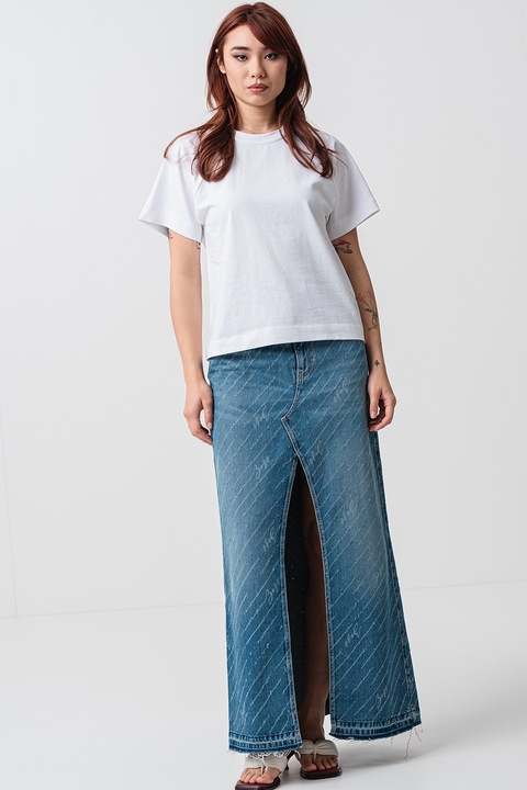 BOSS, Fusta din denim cu croiala dreapta si slit frontal, Albastru deschis