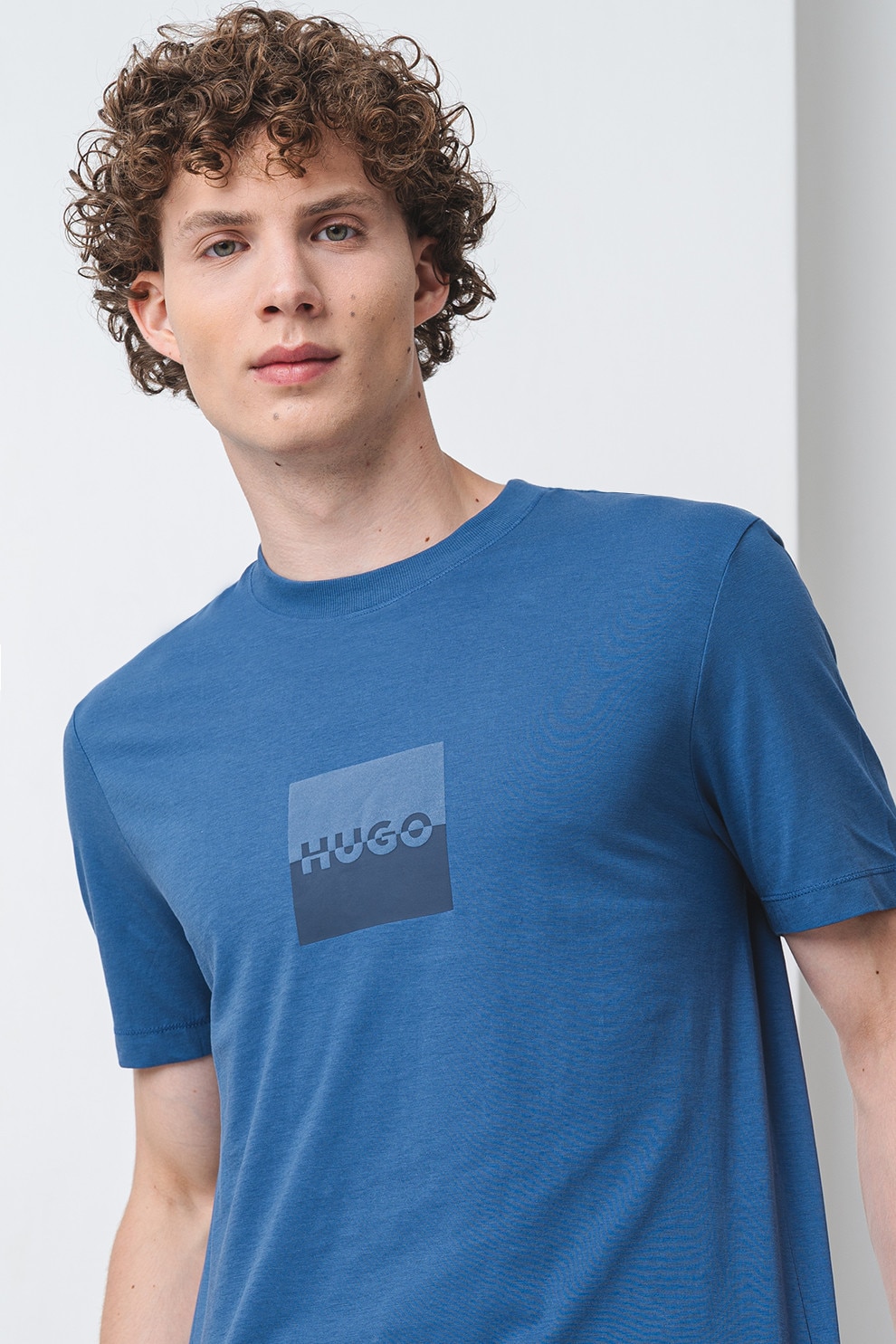 HUGO, Tricou cu logo Dusplit, Albastru inchis, L