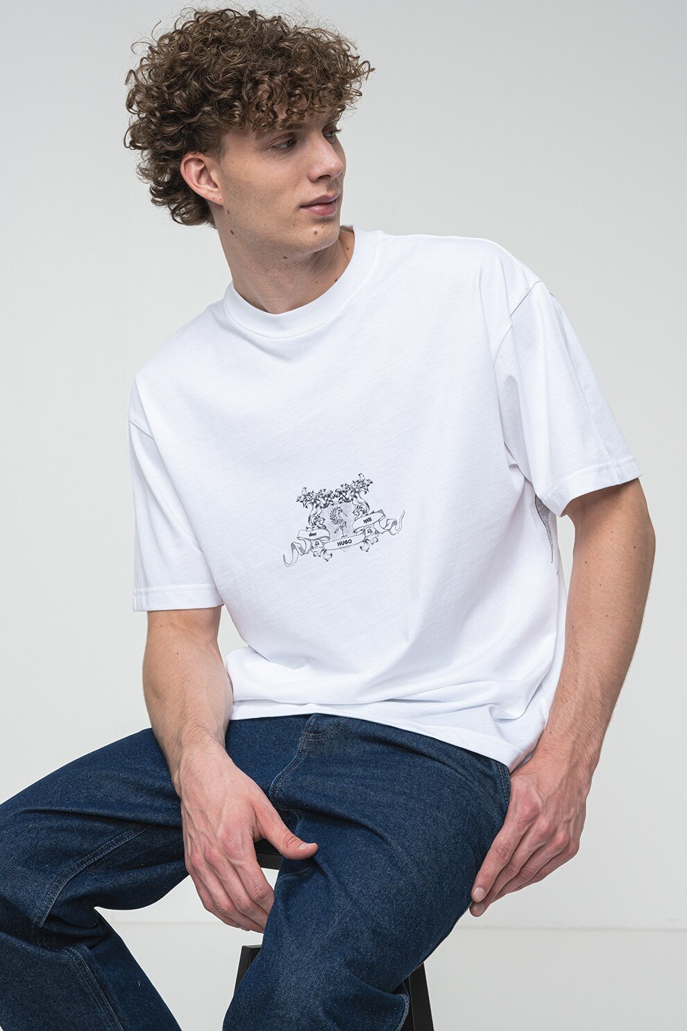 HUGO, Tricou din bumbac cu decolteu la baza gatului, Alb, XL