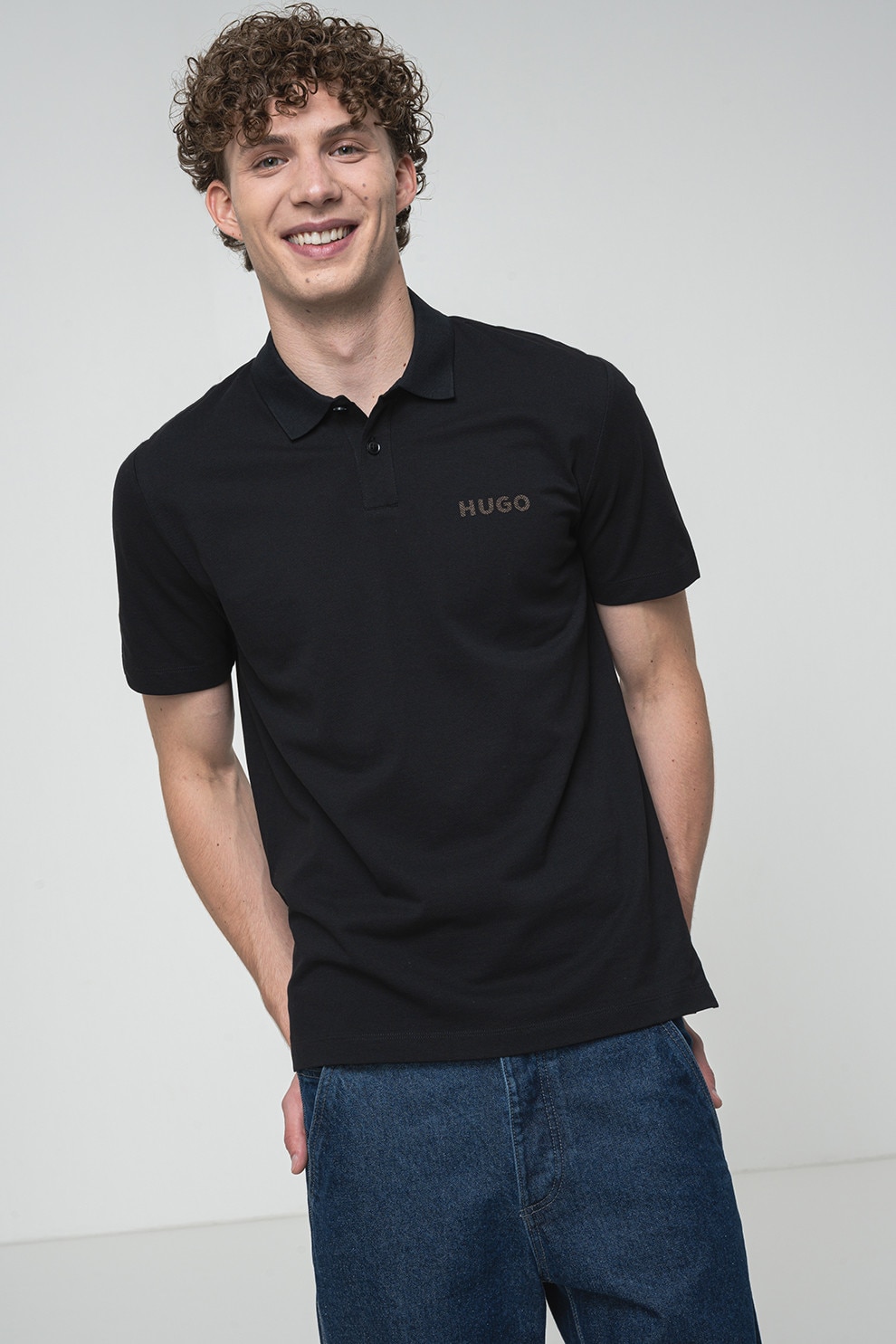 HUGO, Tricou polo din bumbac, Negru, XL