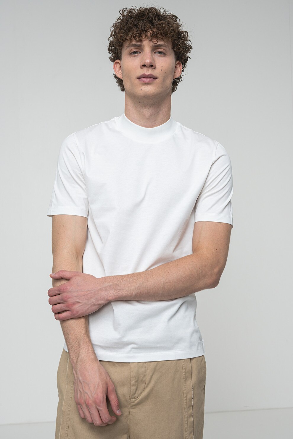 HUGO, Tricou slim-fit cu guler scurt, Alb, M