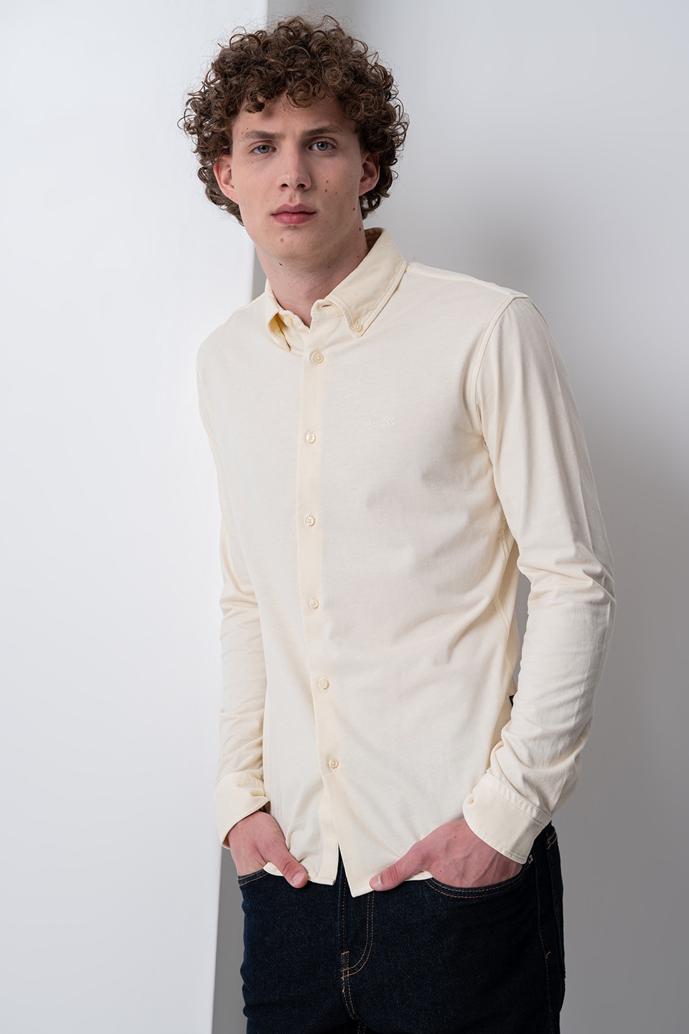 BOSS, Camasa cu guler fixat cu nasturi Myjersey, Bej deschis, XL