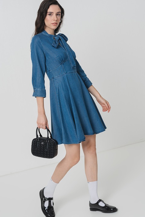 HUGO, Rochie evazata cu maneci lungi, Albastru pastel