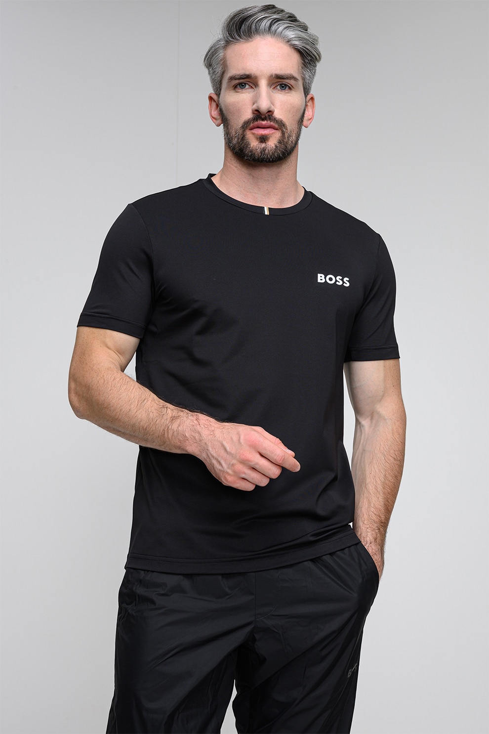 BOSS, Tricou cu logo contrastant, Negru, L