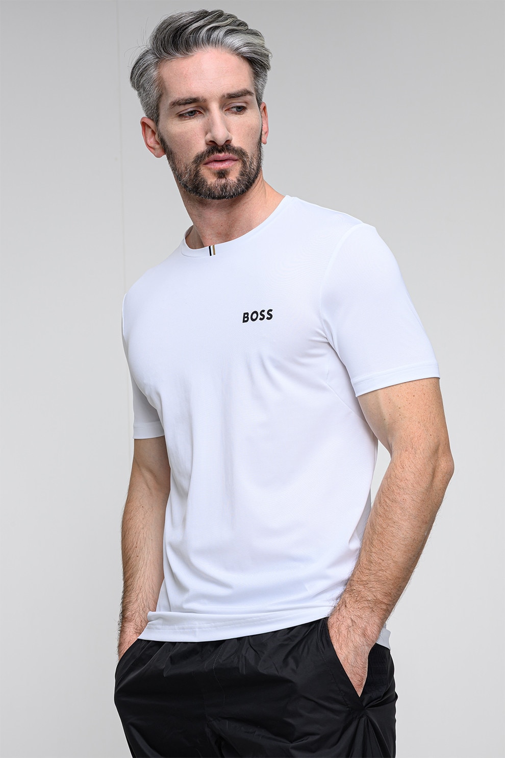 BOSS, Tricou cu logo contrastant, Alb optic, XL