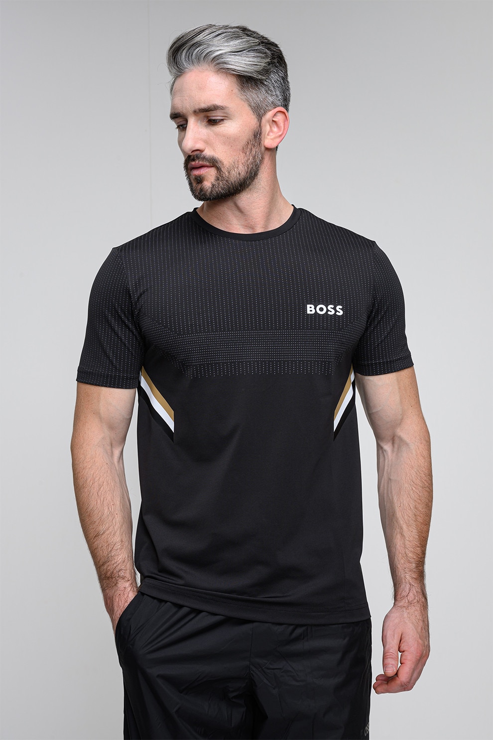 BOSS, Tricou cu accente in dungi, Negru, M