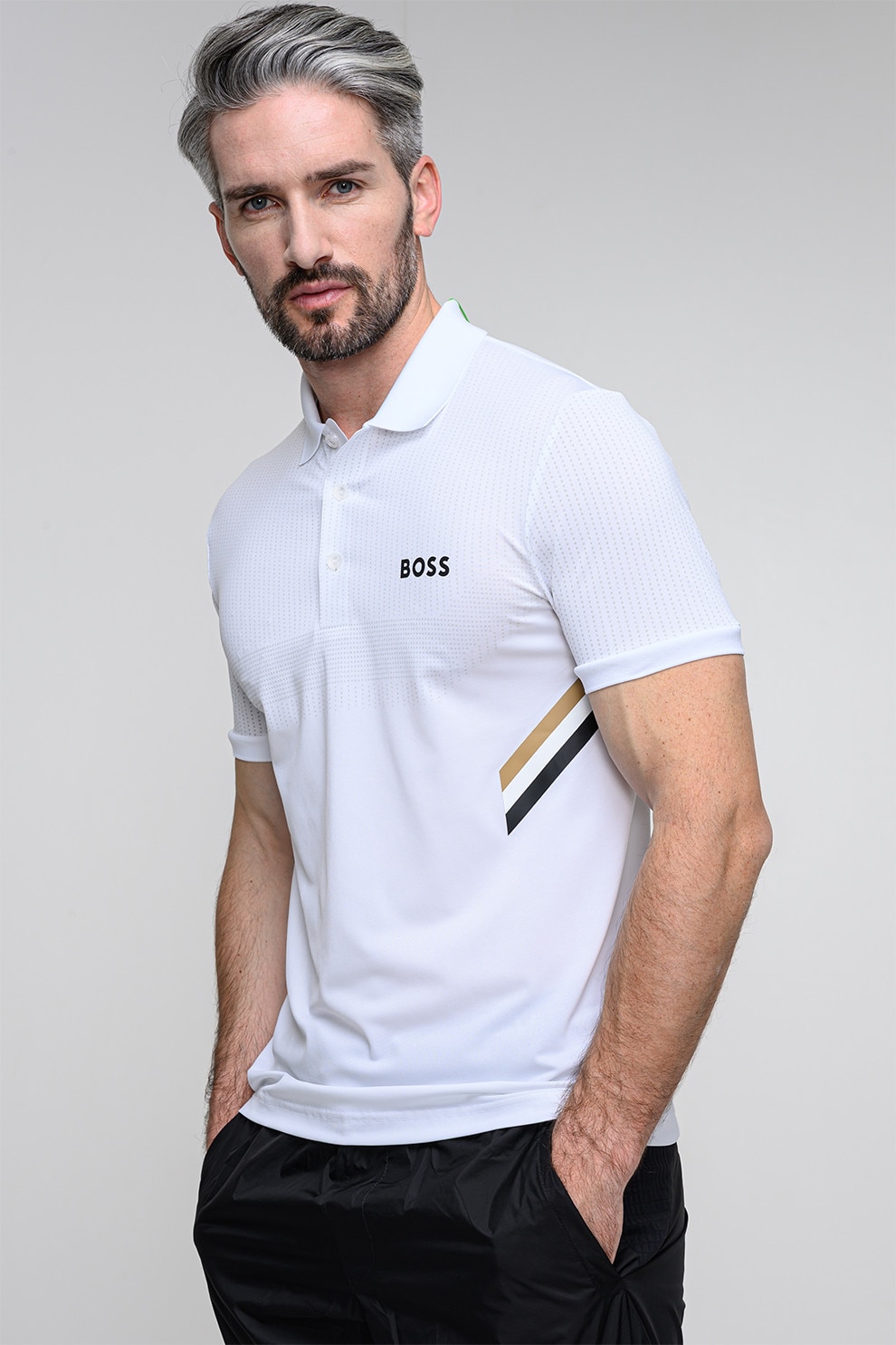 BOSS, Tricou cu accente in dungi, Alb, M