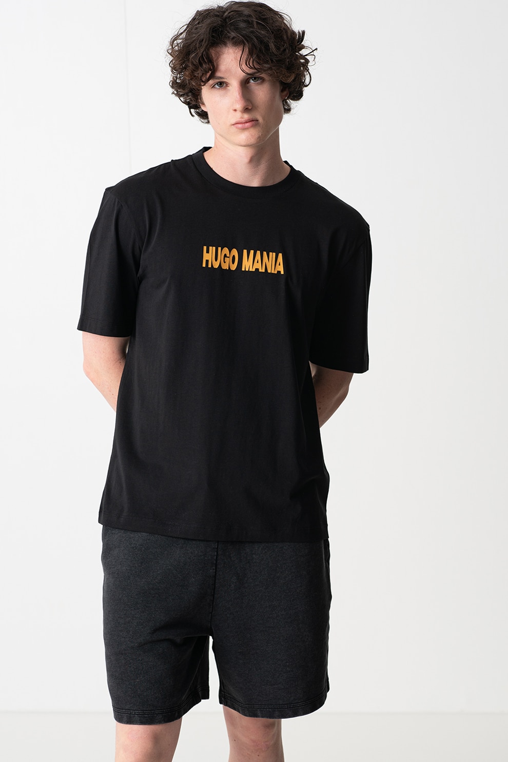 HUGO, Tricou cu decolteu la baza gatului si imprimeu logo pe partea din spate, Negru stins, Bej deschis, L