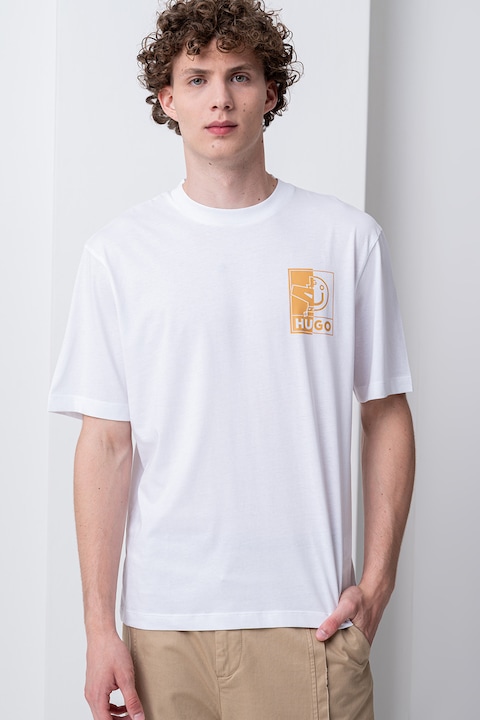 HUGO, Tricou cu decolteu la baza gatului si imprimeu logo pe partea din spate, Maro deschis/Alb optic