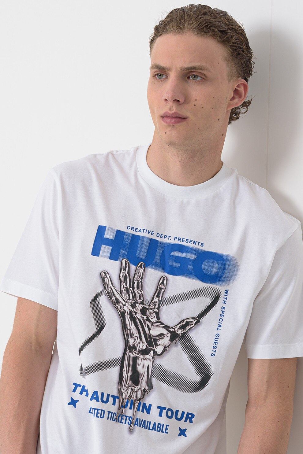 HUGO, Tricou din bumbac cu imprimeu logo, Negru, Albastru royal, Alb optic, M