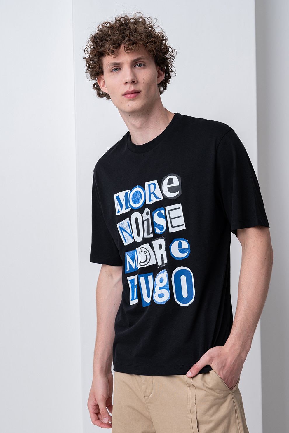 HUGO, Tricou de bumbac cu text, Negru, Alb murdar, Albastru, L