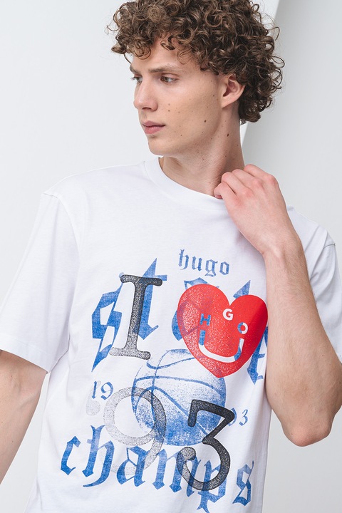 HUGO, Tricou de bumbac cu text, Negru/Alb optic/Albastru