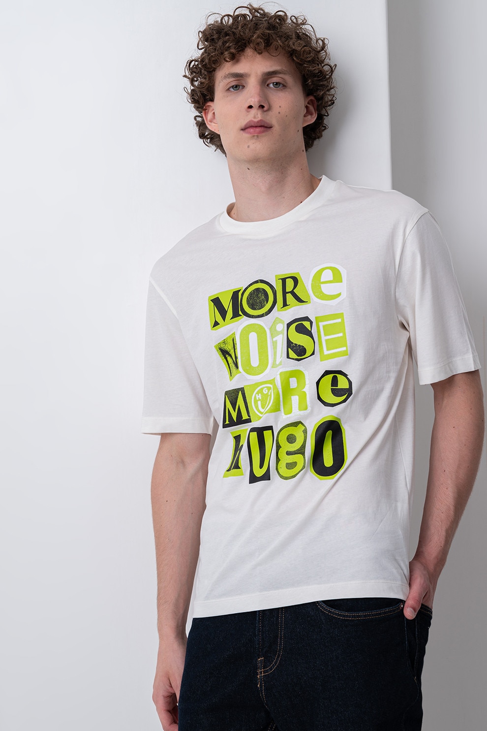 HUGO, Tricou de bumbac cu text, Negru stins, Alb murdar, Verde lime, L
