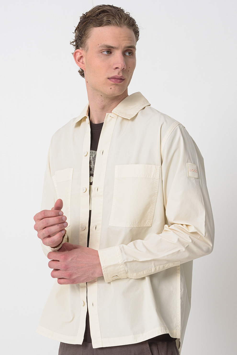 BOSS, Camasa de bumbac cu buzunar pe piept, Galben pal, 2XL