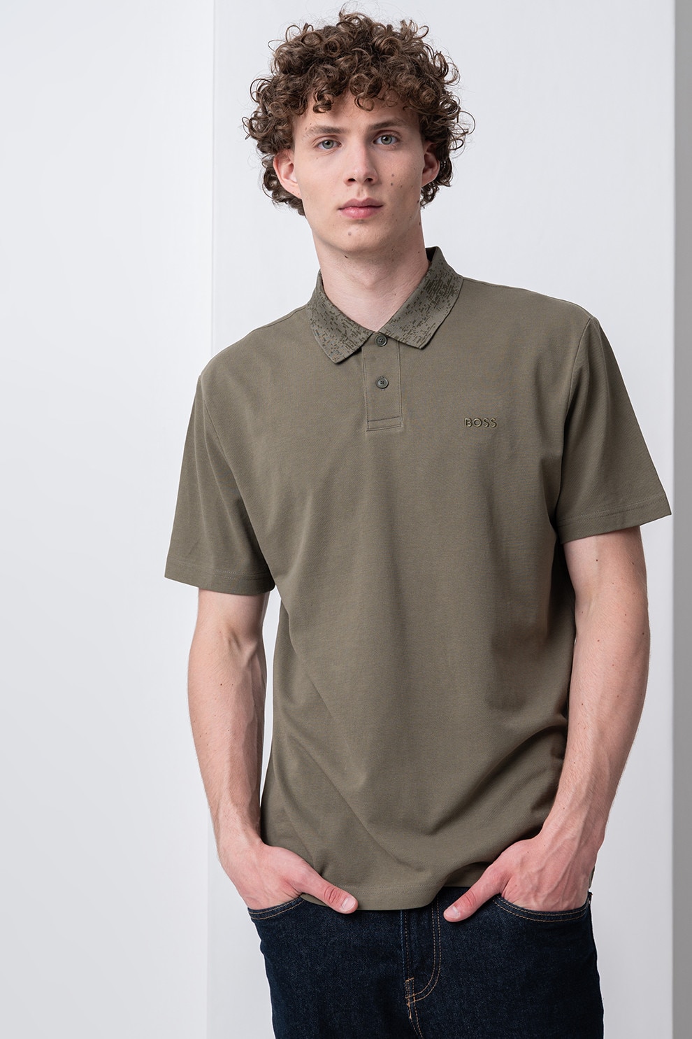 HUGO, Tricou polo de bumbac, Kaki, L