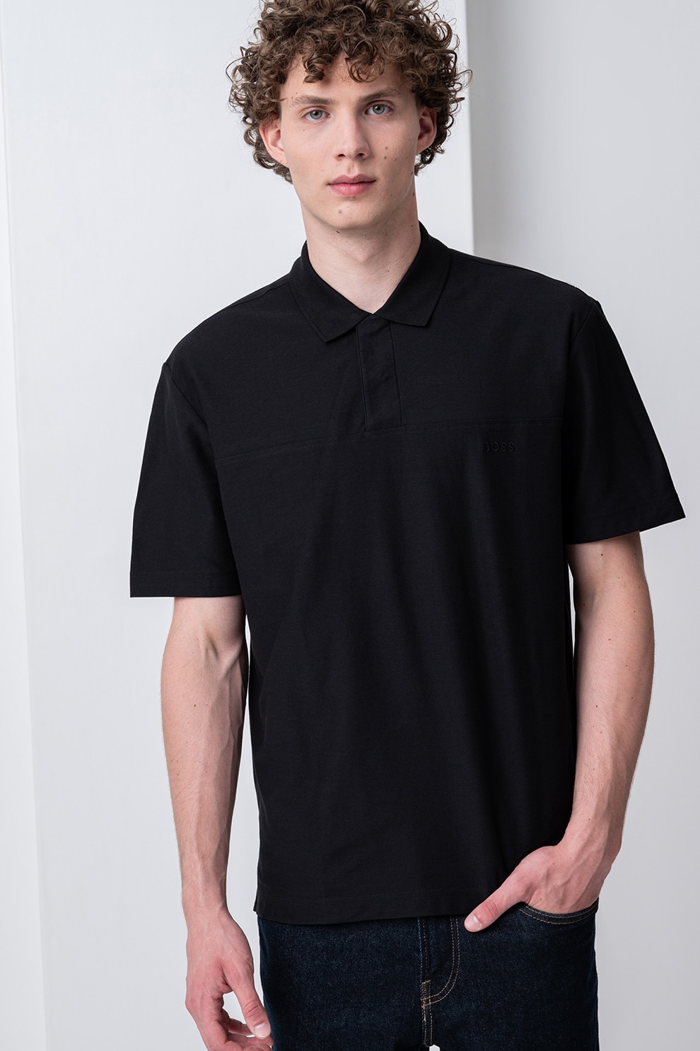 HUGO, Tricou polo de bumbac, Negru, S
