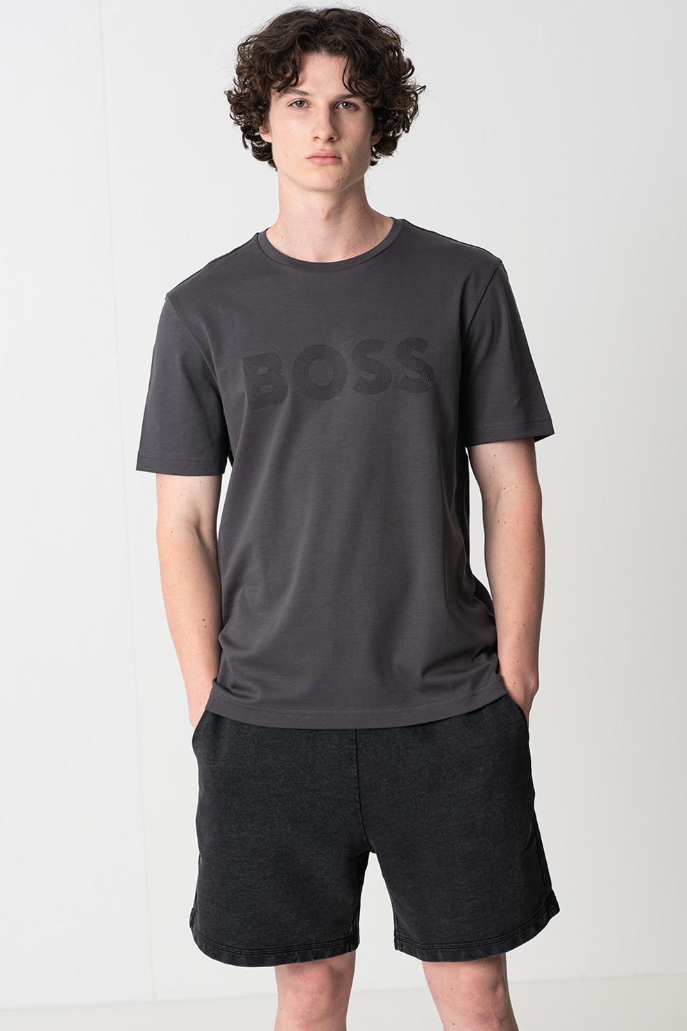 BOSS, Tricou regular fit cu decolteu la baza gatului Future, Gri inchis, M