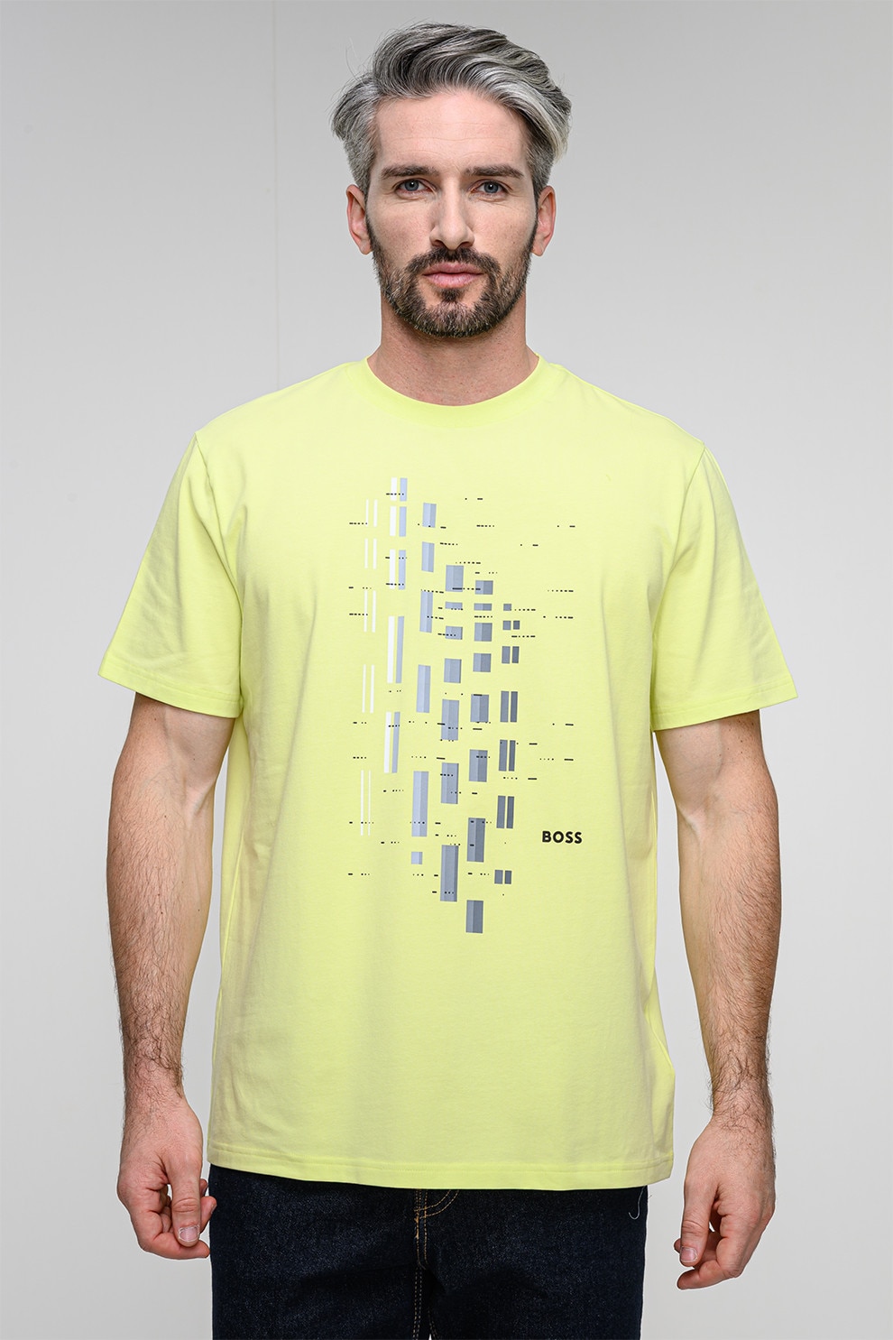 BOSS, Tricou cu imprimeu geometric, Verde lime, L