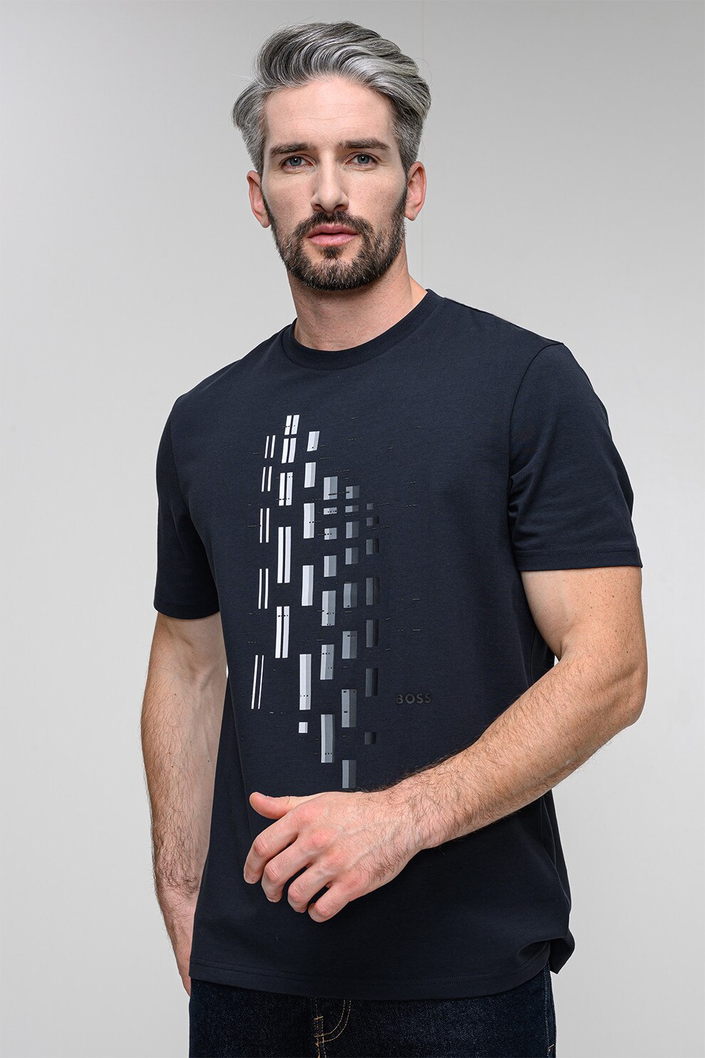 BOSS, Tricou cu imprimeu geometric, Gri antracit, M
