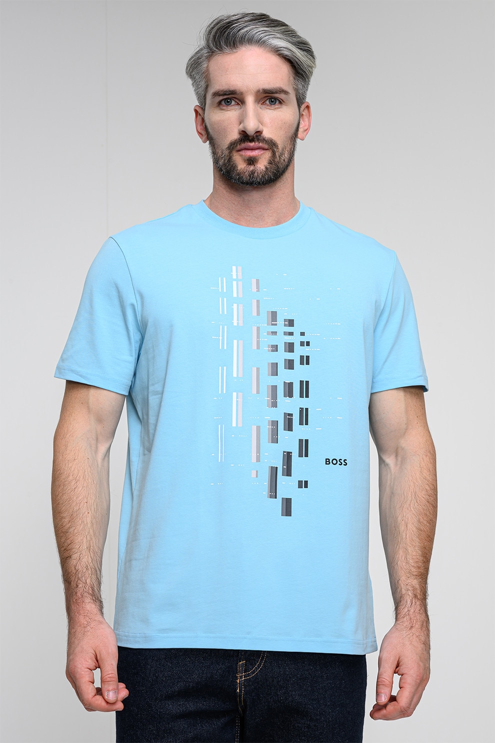 BOSS, Tricou cu imprimeu geometric, Albastru deschis, L