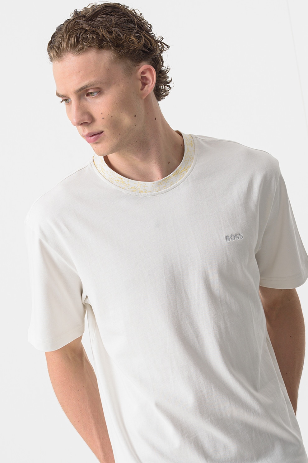 BOSS, Tricou de bumbac cu decolteu la baza gatului, Galben pal, Alb murdar, L