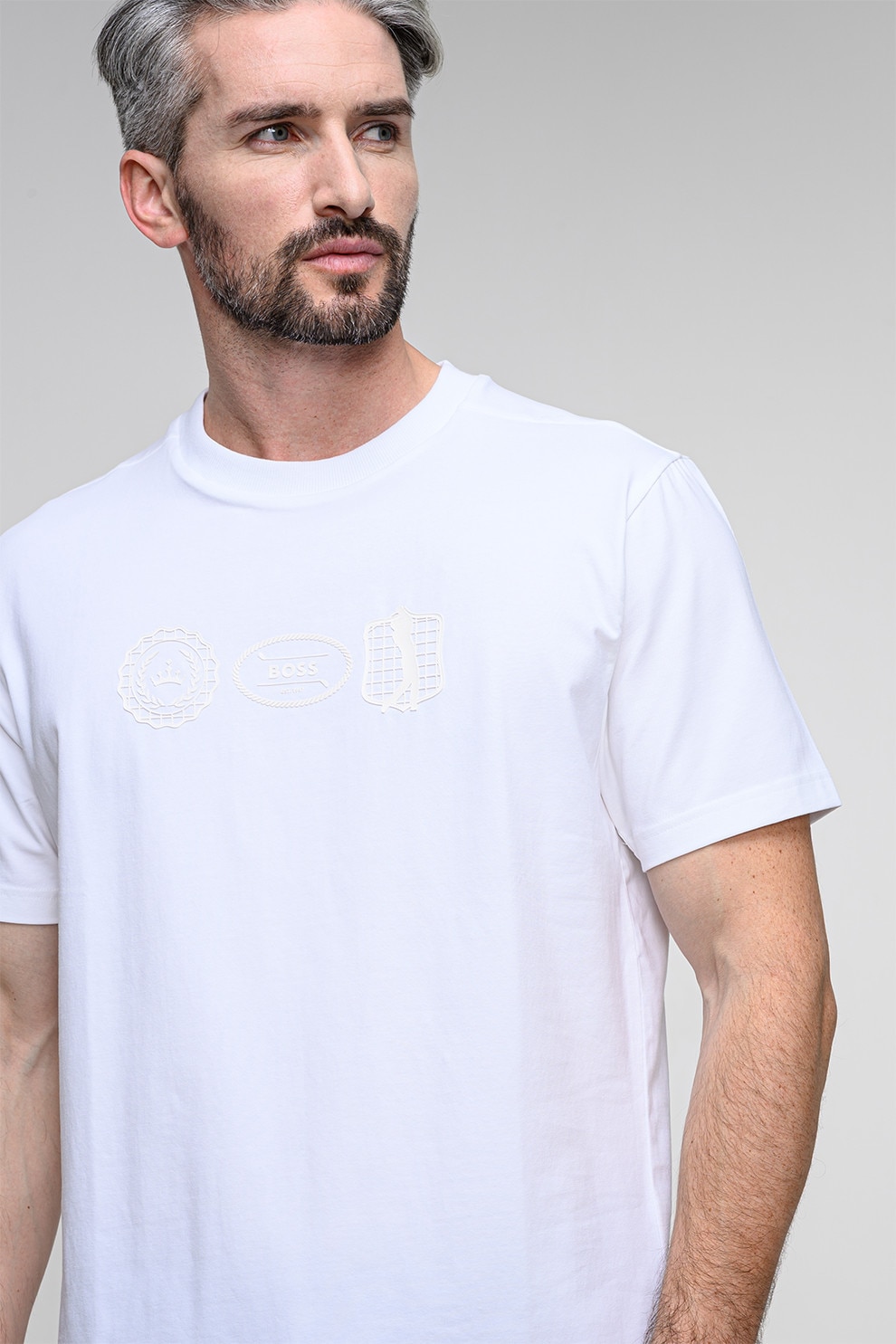 BOSS, Tricou cu decolteu rotund, Alb optic, S