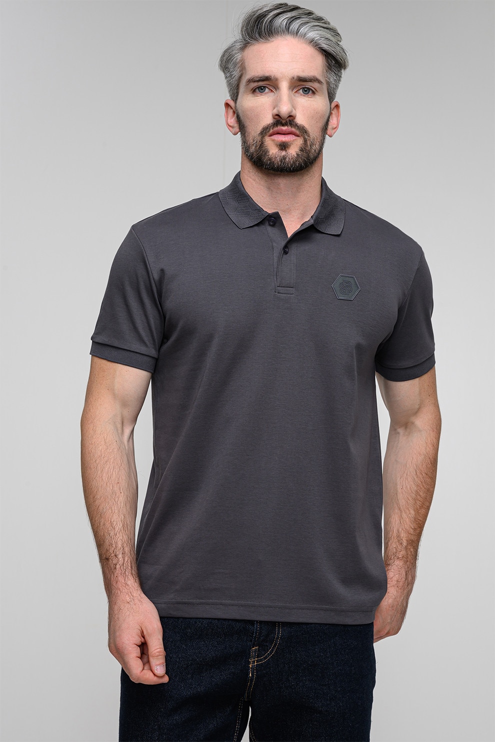 BOSS, Tricou polo cu logo, Gri inchis, M