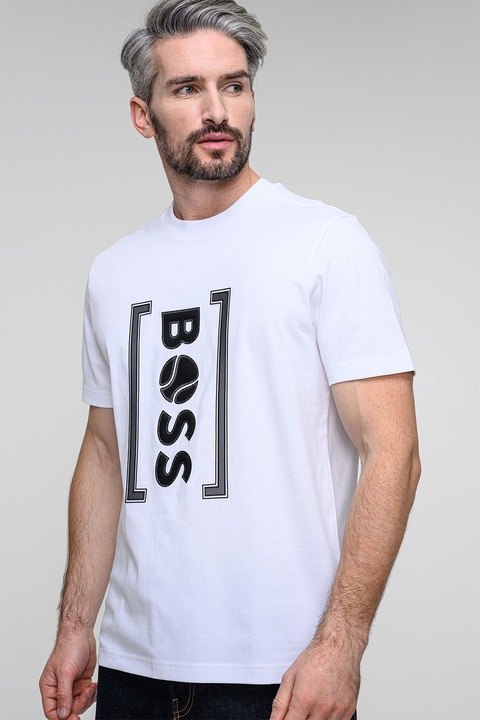 BOSS, Tricou relaxed fit cu imprimeu logo frontal Iconic, Negru/Alb optic