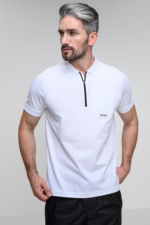 BOSS, Tricou polo cu fenta cu fermoar, Alb optic, M