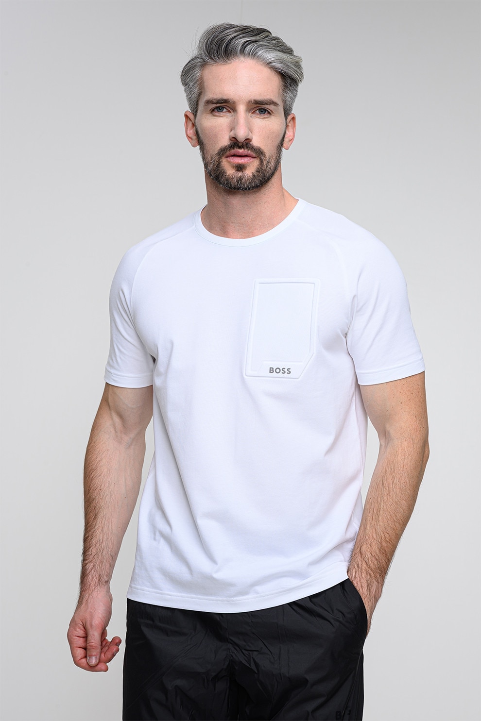 BOSS, Tricou cu logo si decolteu rotund, Alb optic, 2XL