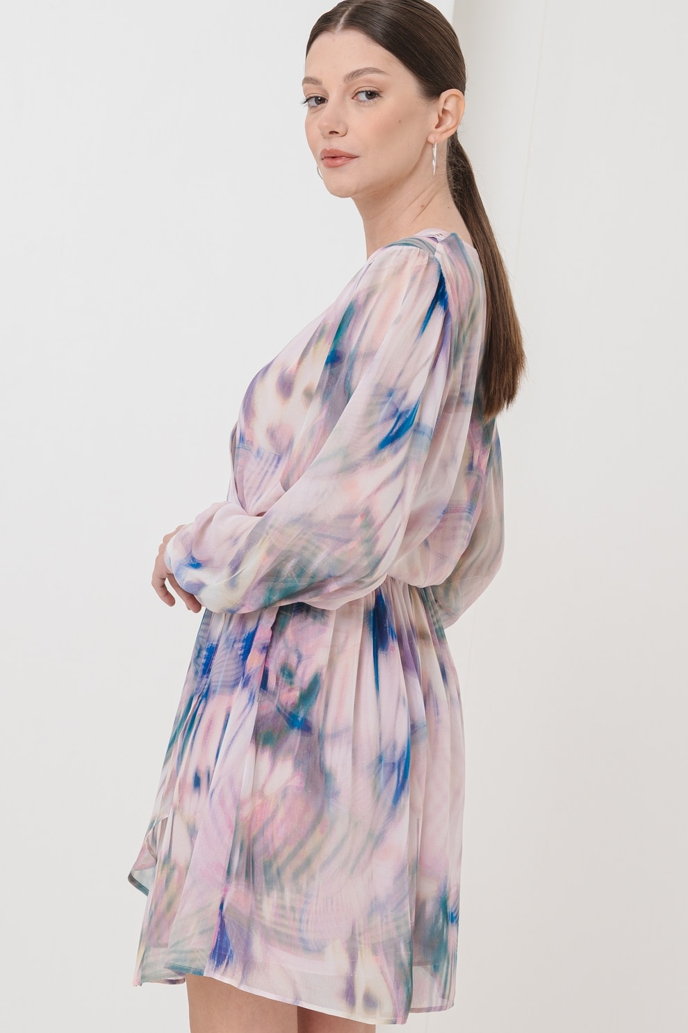 BOSS, Rochie scurta cu croiala in A, model tie-dye si maneci lungi, Verde, Albastru pal, 38