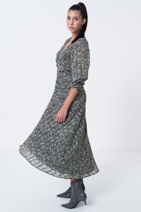 BOSS, Rochie evazata cu maneci bufante, Negru/Crem