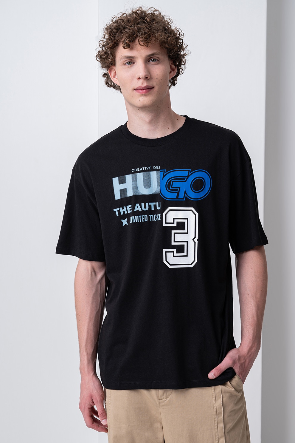 HUGO, Tricou de bumbac cu logo frontal, Alb, Negru, Albastru, M