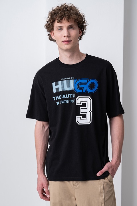 HUGO, Tricou de bumbac cu logo frontal, Alb/Negru/Albastru