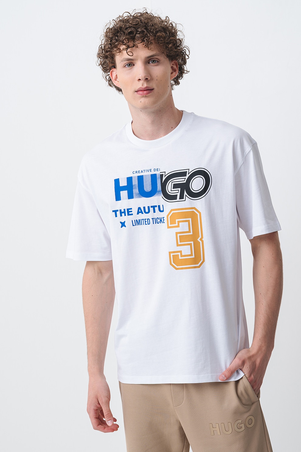 HUGO, Tricou de bumbac cu logo frontal, Alb, Negru, Albastru royal, M