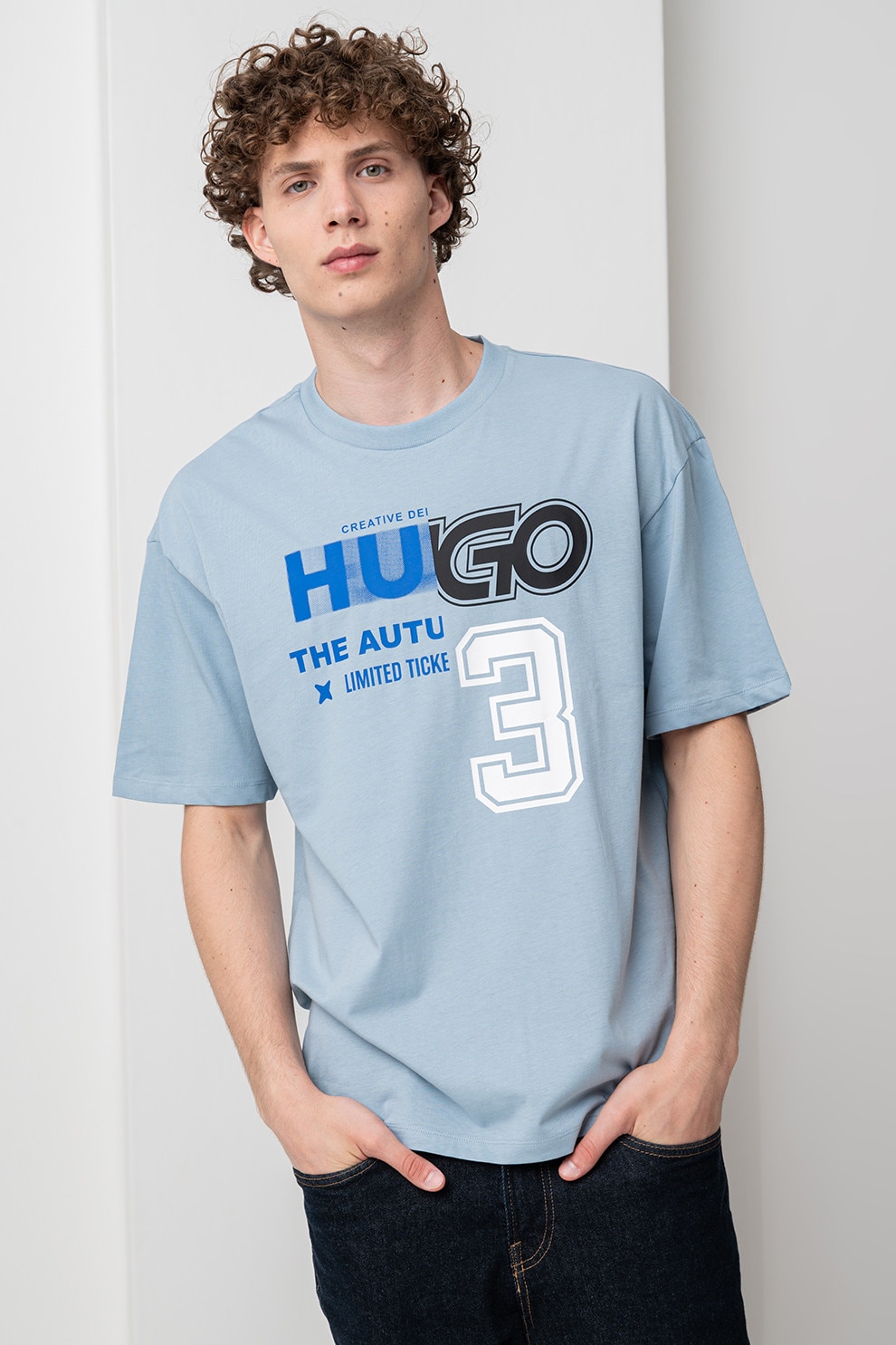 HUGO, Tricou de bumbac cu logo frontal, Alb, Negru, Albastru prafuit, 2XL