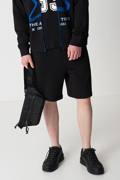 HUGO, Bermude cu snur de ajustare si detaliu cu logo lateral, Albastru pastel/Negru stins