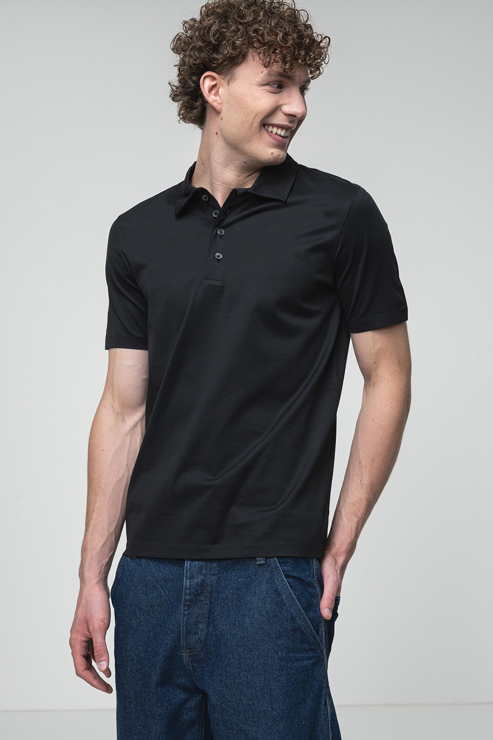 HUGO, Tricou polo uni cu fenta cu nasturi, Negru, S
