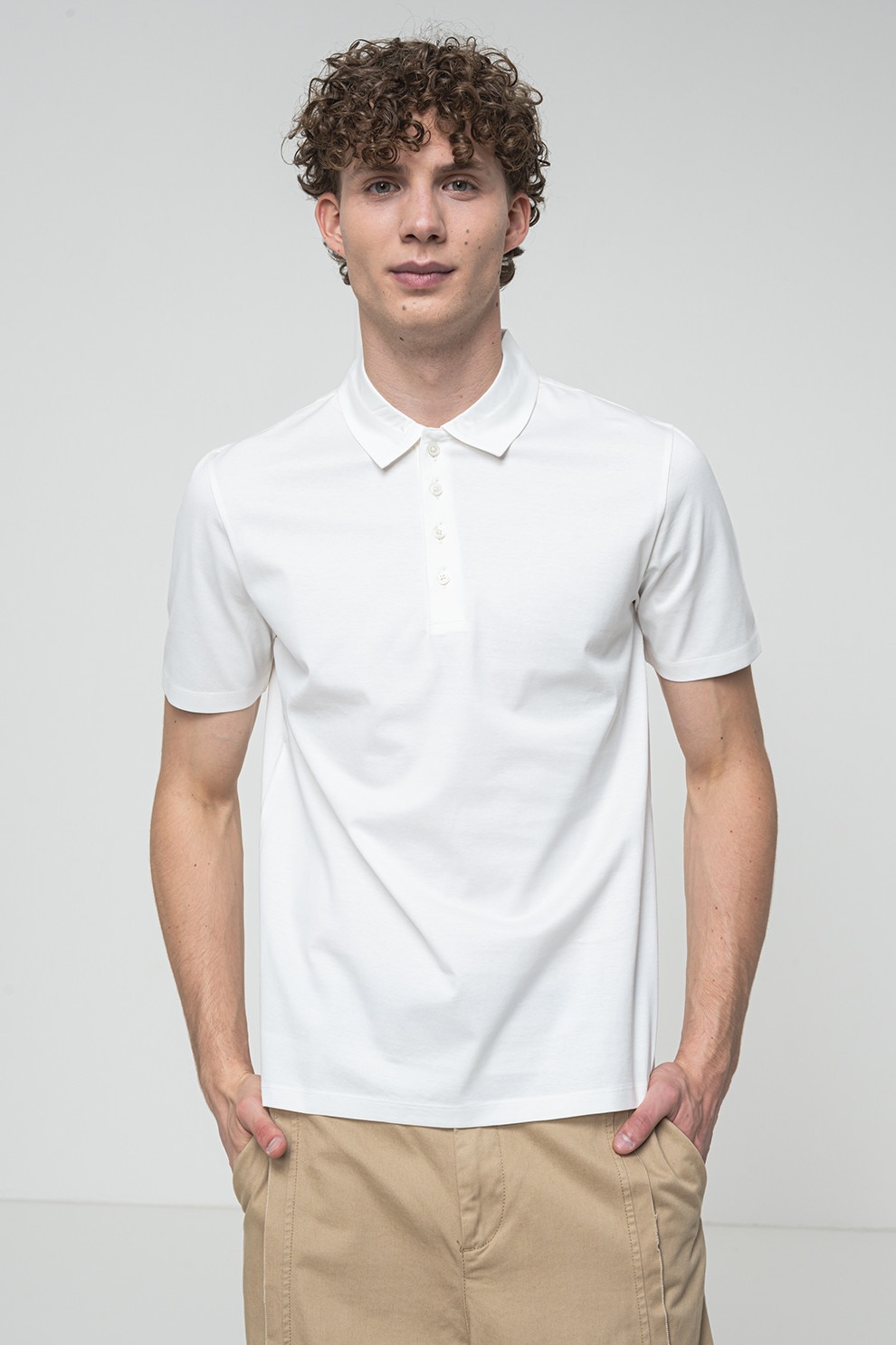 HUGO, Tricou polo uni cu fenta cu nasturi, Alb, L