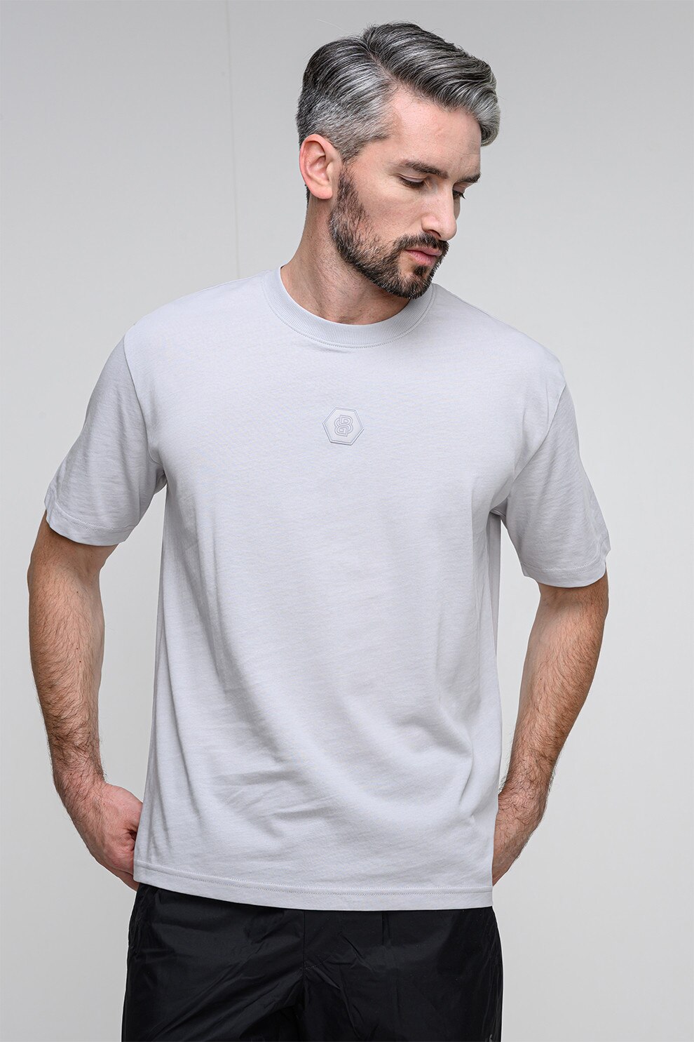 BOSS, Tricou supradimensionat cu aplicatie pe piept, Gri deschis, M