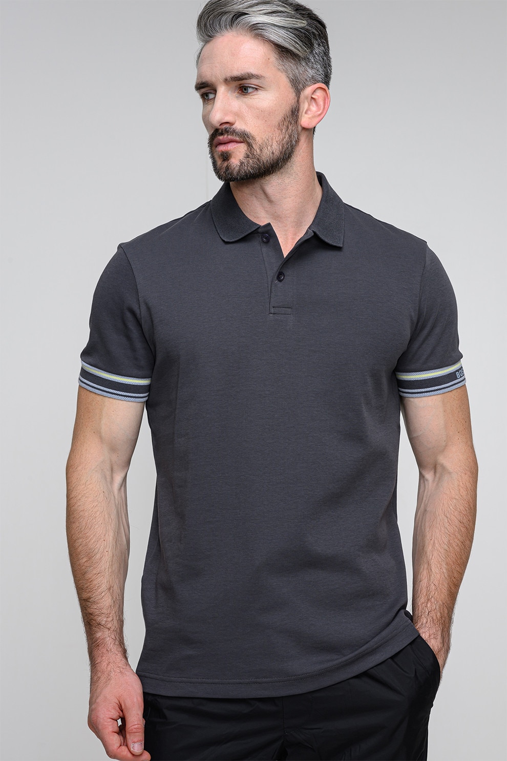 BOSS, Tricou polo cu croiala slim-fit din material pique, Gri antracit, L