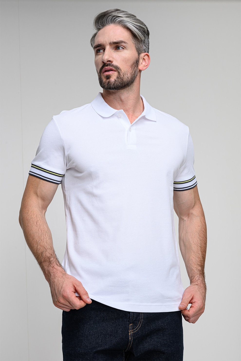 BOSS, Tricou polo cu croiala slim-fit din material pique, Alb optic, M