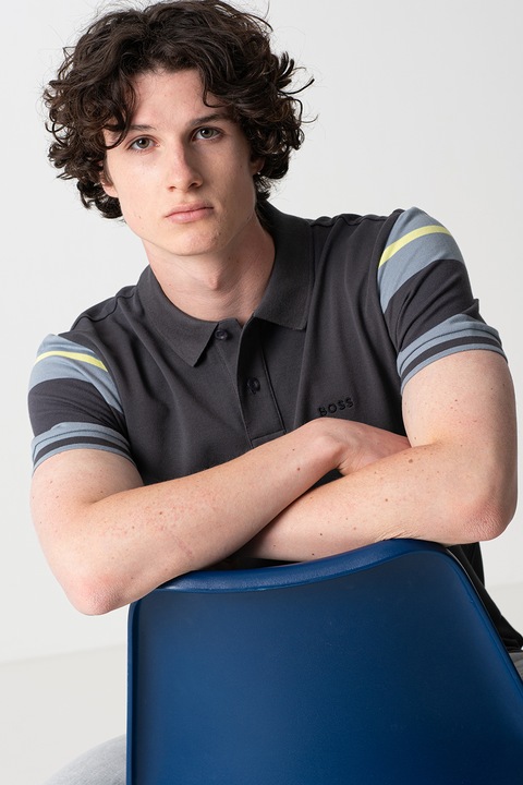 BOSS, Tricou polo cu model in dungi contrastante, Albastru prafuit/Galben pal/Gri inchis