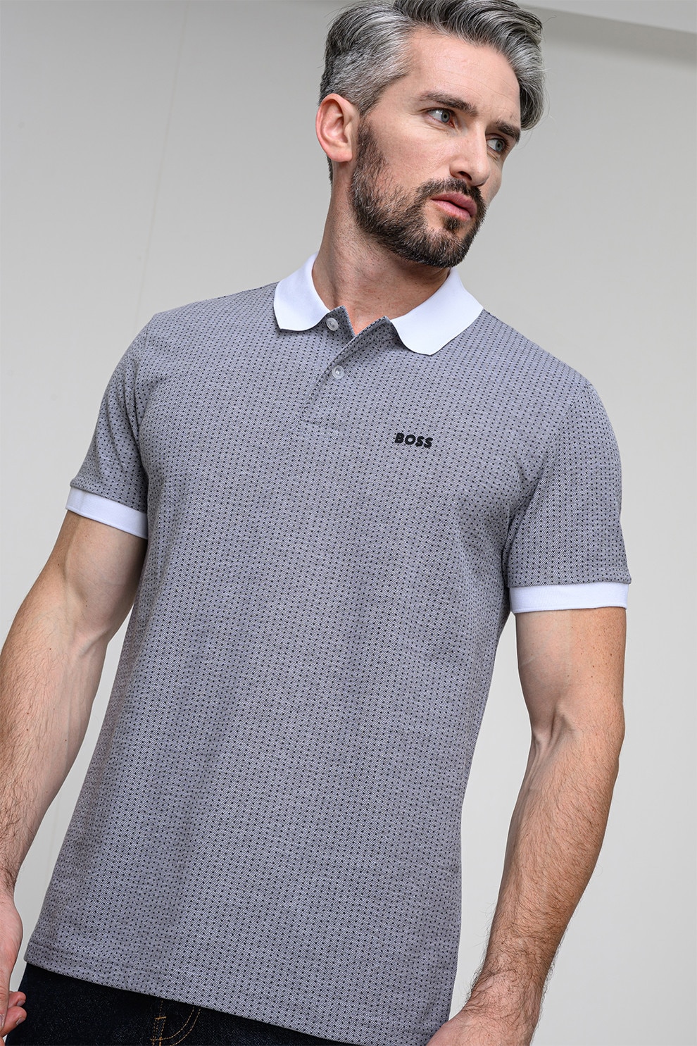 BOSS, Tricou polo cu logo, Alb optic, Gri inchis, M