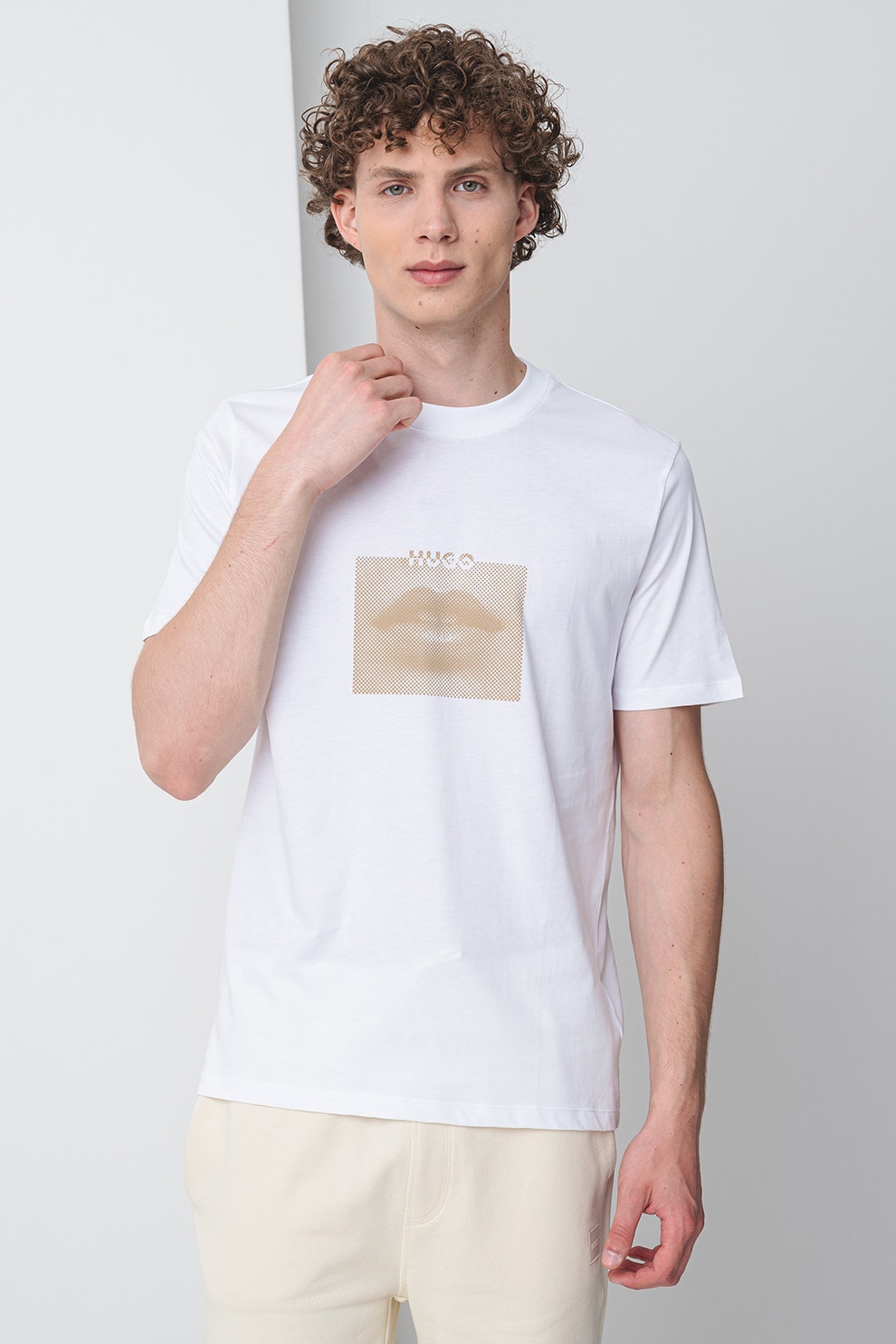 HUGO, Tricou cu imprimeu grafic, Alb, Bej, L