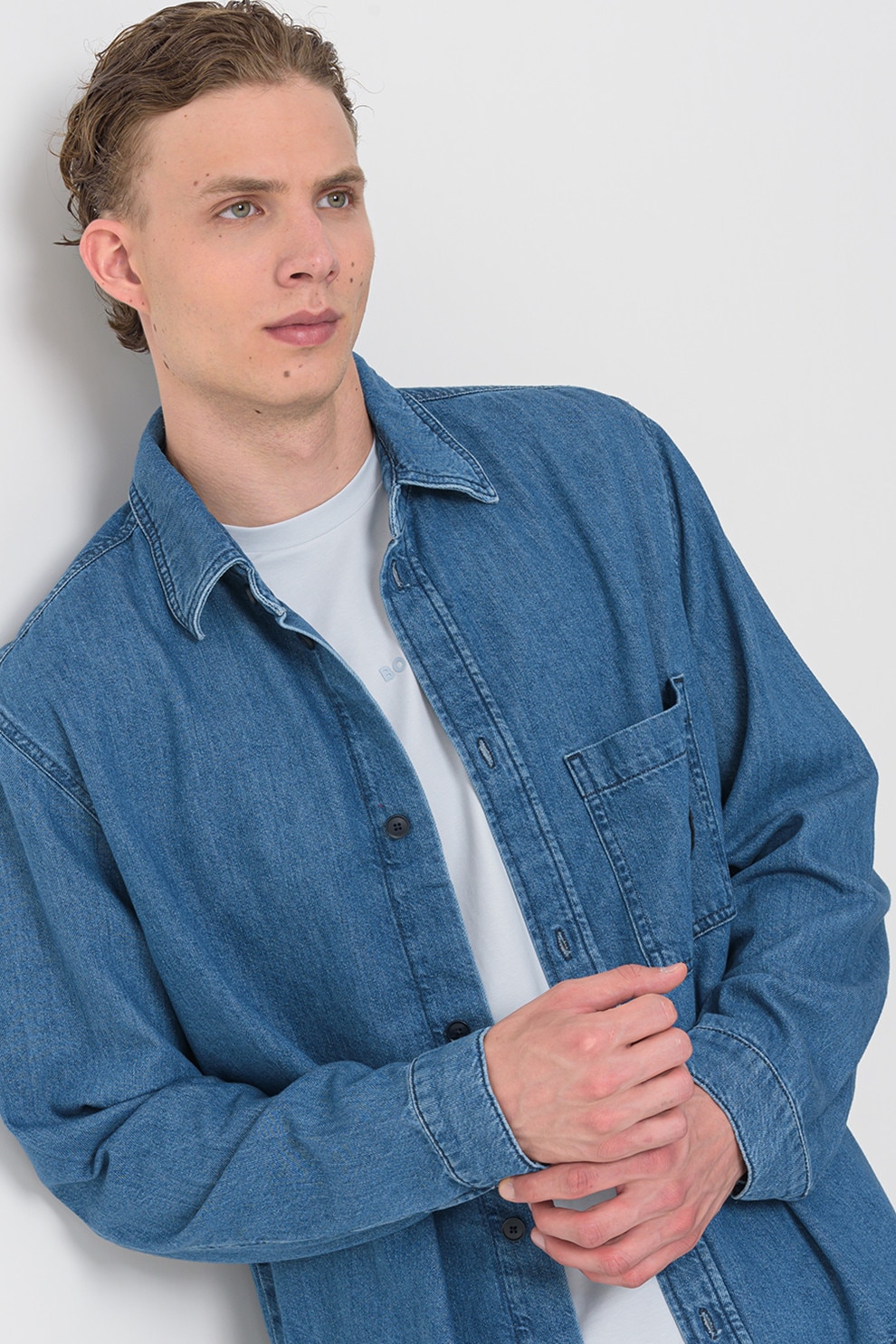 BOSS, Camasa din denim cu buzunar pe piept, Albastru, XL