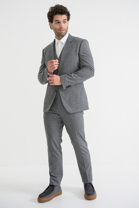 HUGO, Set de sacou, vesta si pantaloni de lana, Gri deschis/Negru stins